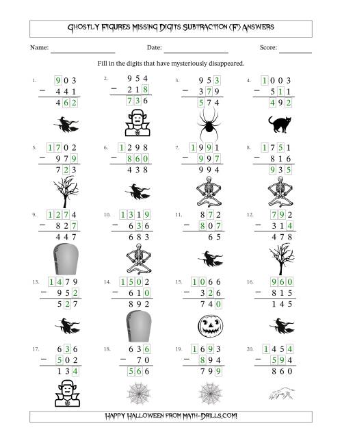 The Ghostly Figures Missing Digits Subtraction (Easier Version) (F) Math Worksheet Page 2