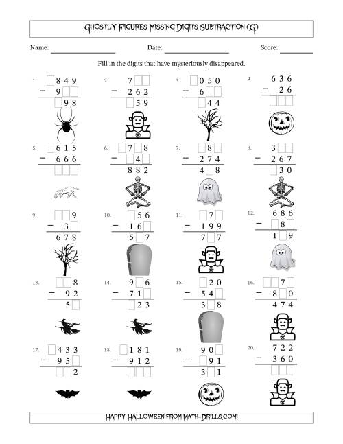 The Ghostly Figures Missing Digits Subtraction (Easier Version) (G) Math Worksheet