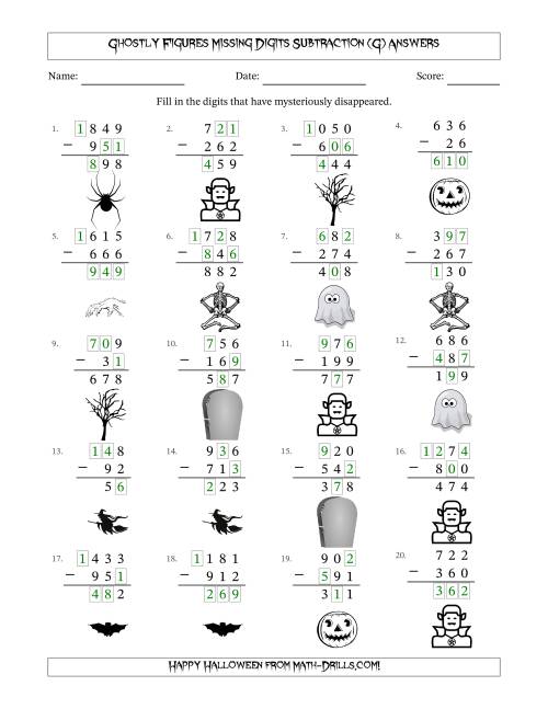 The Ghostly Figures Missing Digits Subtraction (Easier Version) (G) Math Worksheet Page 2