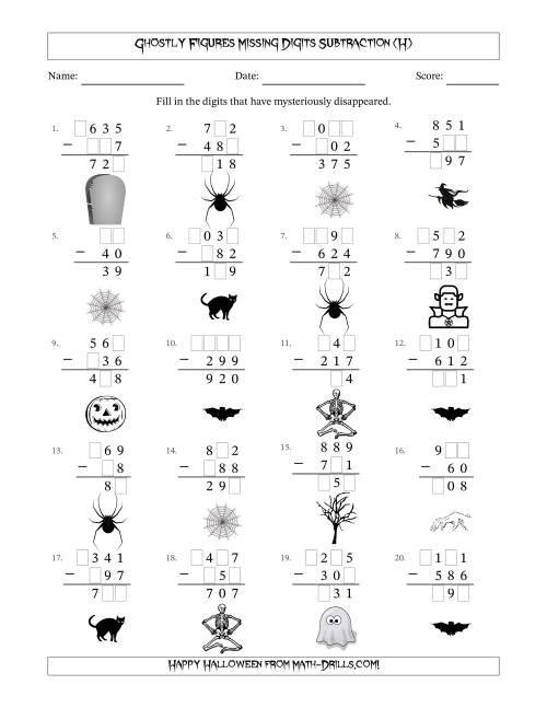 The Ghostly Figures Missing Digits Subtraction (Easier Version) (H) Math Worksheet