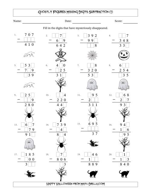 The Ghostly Figures Missing Digits Subtraction (Easier Version) (I) Math Worksheet