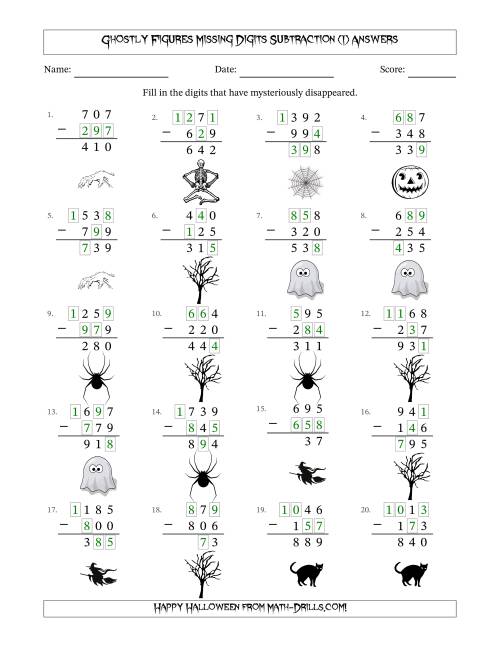 The Ghostly Figures Missing Digits Subtraction (Easier Version) (I) Math Worksheet Page 2