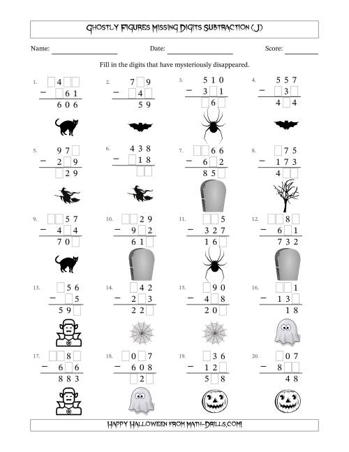 The Ghostly Figures Missing Digits Subtraction (Easier Version) (J) Math Worksheet