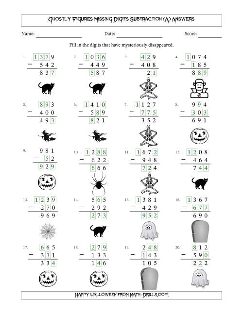 The Ghostly Figures Missing Digits Subtraction (Easier Version) (All) Math Worksheet Page 2
