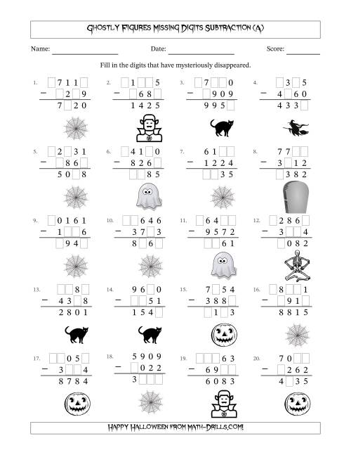 The Ghostly Figures Missing Digits Subtraction (Harder Version) (A) Math Worksheet