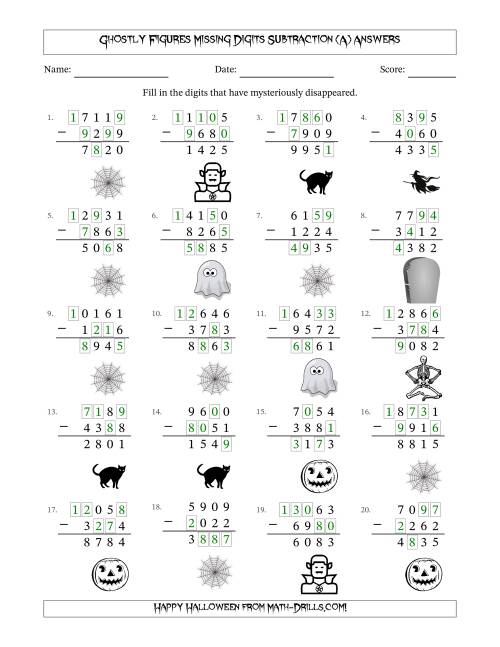 The Ghostly Figures Missing Digits Subtraction (Harder Version) (A) Math Worksheet Page 2