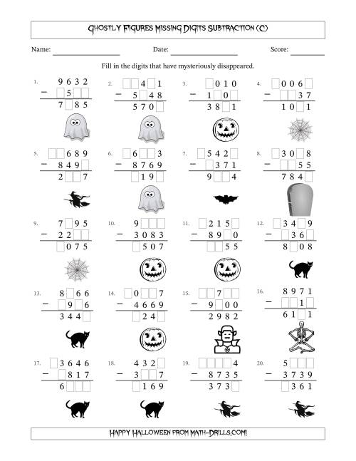 The Ghostly Figures Missing Digits Subtraction (Harder Version) (C) Math Worksheet
