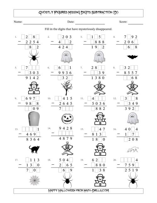 The Ghostly Figures Missing Digits Subtraction (Harder Version) (D) Math Worksheet