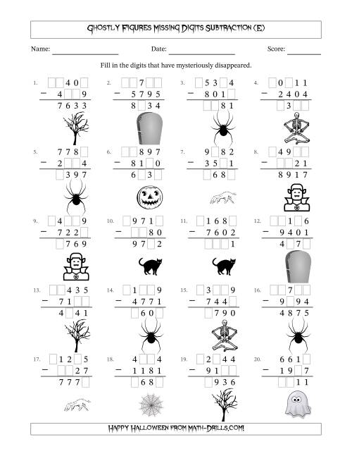 The Ghostly Figures Missing Digits Subtraction (Harder Version) (E) Math Worksheet