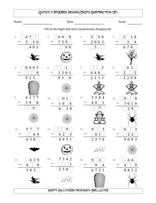 The Ghostly Figures Missing Digits Subtraction (Harder Version) (F) Math Worksheet