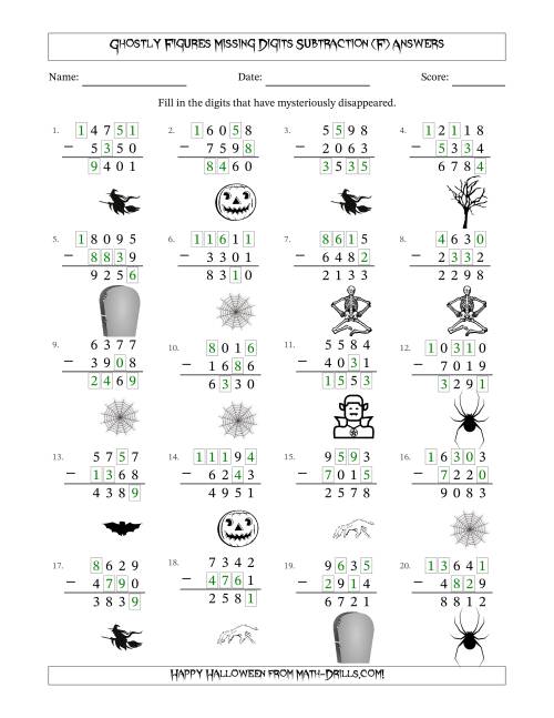 The Ghostly Figures Missing Digits Subtraction (Harder Version) (F) Math Worksheet Page 2
