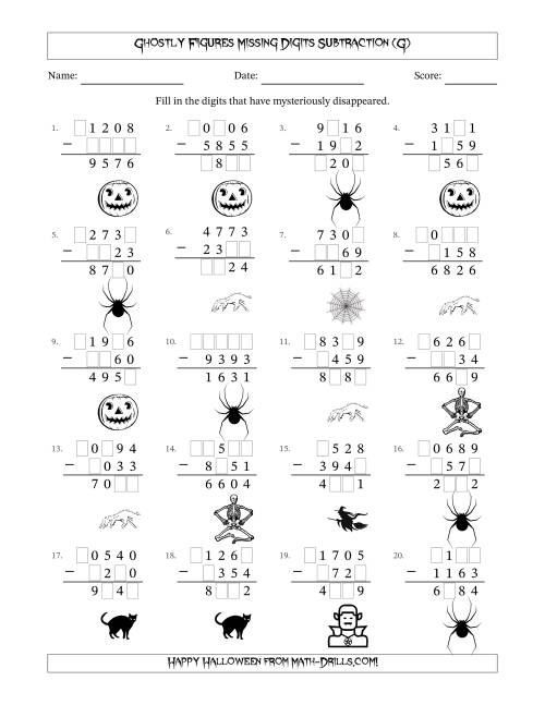 The Ghostly Figures Missing Digits Subtraction (Harder Version) (G) Math Worksheet