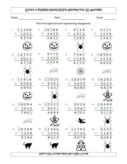 The Ghostly Figures Missing Digits Subtraction (Harder Version) (G) Math Worksheet Page 2