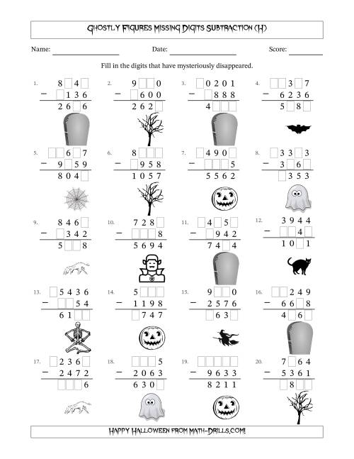 The Ghostly Figures Missing Digits Subtraction (Harder Version) (H) Math Worksheet