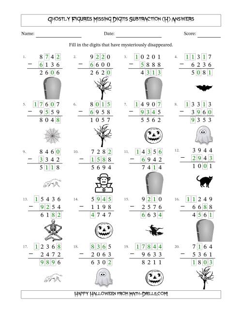 The Ghostly Figures Missing Digits Subtraction (Harder Version) (H) Math Worksheet Page 2