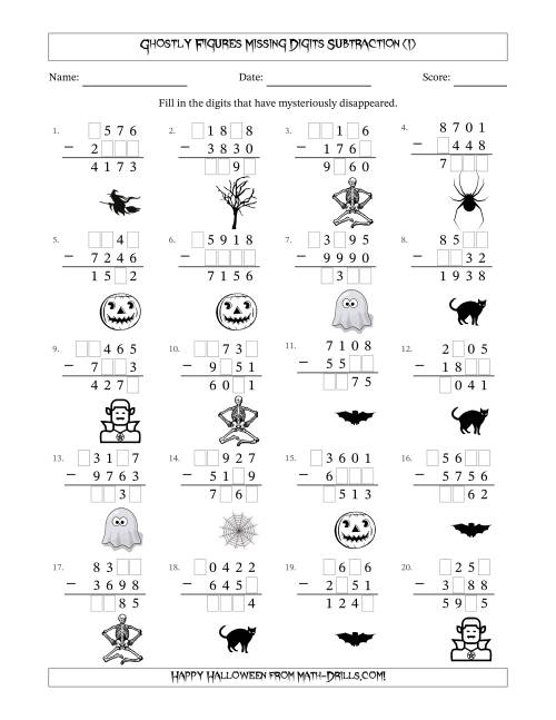 The Ghostly Figures Missing Digits Subtraction (Harder Version) (I) Math Worksheet