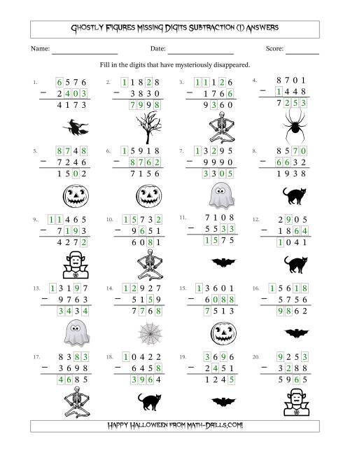 The Ghostly Figures Missing Digits Subtraction (Harder Version) (I) Math Worksheet Page 2