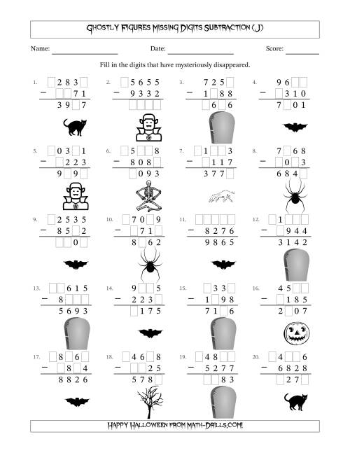 The Ghostly Figures Missing Digits Subtraction (Harder Version) (J) Math Worksheet