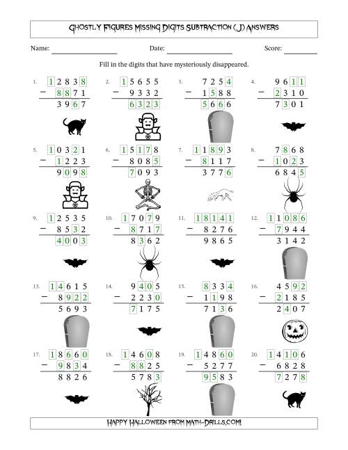 The Ghostly Figures Missing Digits Subtraction (Harder Version) (J) Math Worksheet Page 2