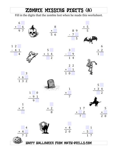 The Zombie Missing Digits (A) Math Worksheet