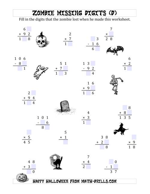 The Zombie Missing Digits (D) Math Worksheet