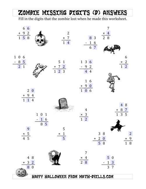 The Zombie Missing Digits (D) Math Worksheet Page 2