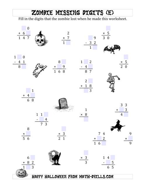 The Zombie Missing Digits (E) Math Worksheet