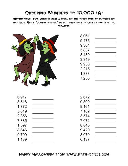 The Ordering Halloween Witches' Enchanted Numbers to 10,000 (Old) Math Worksheet