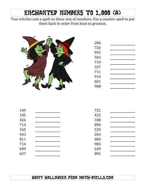 The Ordering Halloween Witches' Enchanted Numbers to 1,000 (A) Math Worksheet
