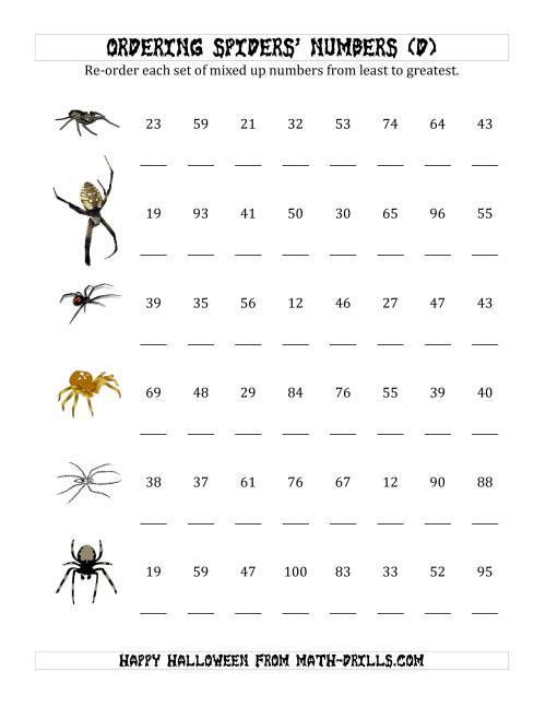 The Ordering Halloween Spiders' Number Sets to 100 (D) Math Worksheet