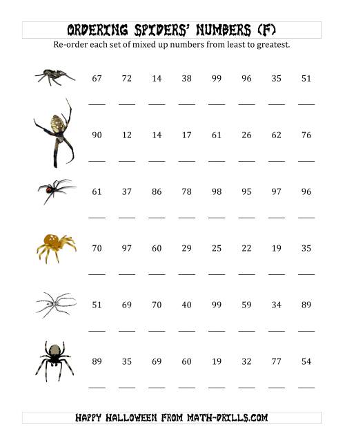 The Ordering Halloween Spiders' Number Sets to 100 (F) Math Worksheet