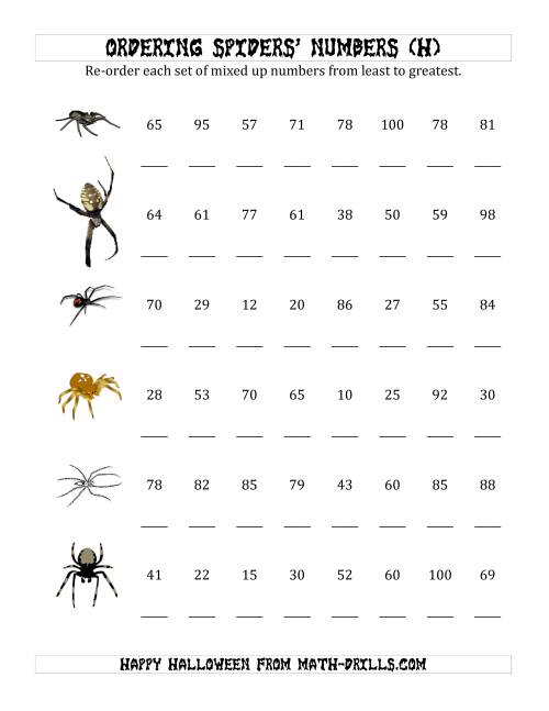 The Ordering Halloween Spiders' Number Sets to 100 (H) Math Worksheet