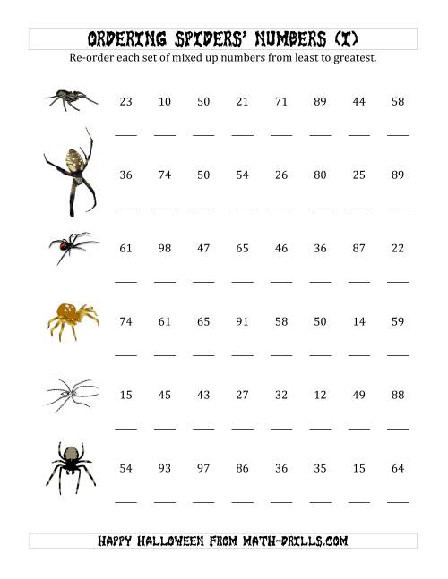 The Ordering Halloween Spiders' Number Sets to 100 (I) Math Worksheet