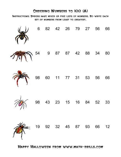 The Ordering Halloween Spiders' Number Sets to 100 (Old) Math Worksheet