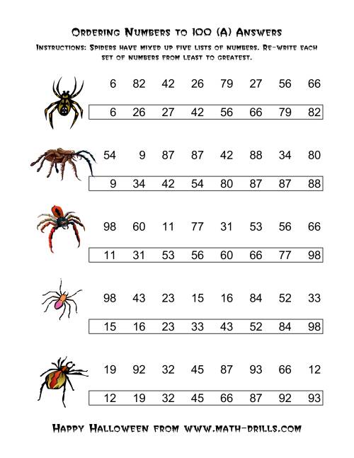 The Ordering Halloween Spiders' Number Sets to 100 (Old) Math Worksheet Page 2