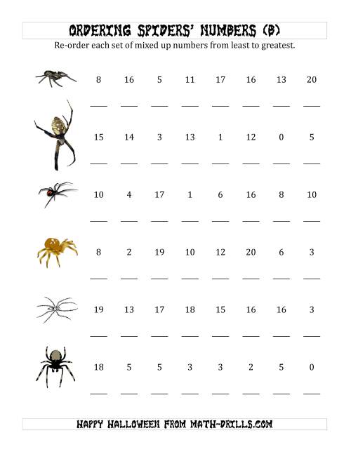 The Ordering Halloween Spiders' Number Sets to 20 (B) Math Worksheet