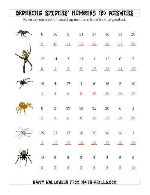 The Ordering Halloween Spiders' Number Sets to 20 (B) Math Worksheet Page 2
