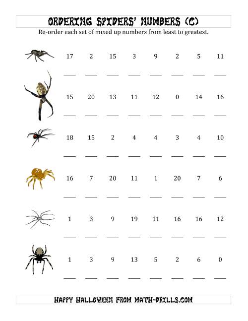 The Ordering Halloween Spiders' Number Sets to 20 (C) Math Worksheet