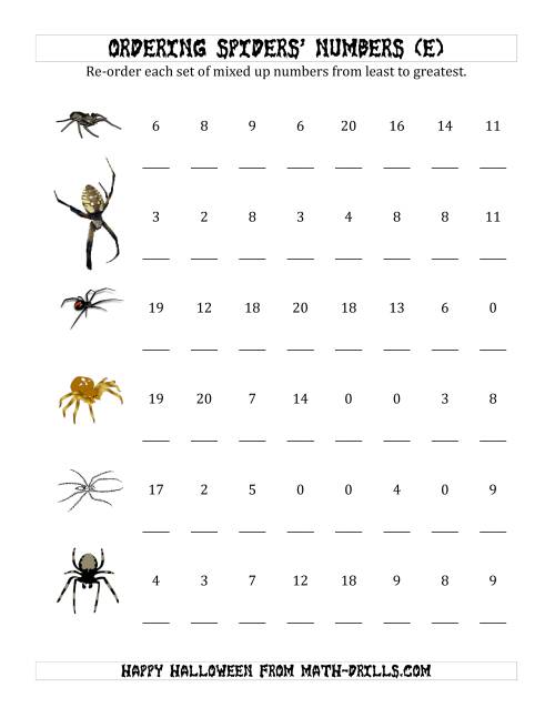 The Ordering Halloween Spiders' Number Sets to 20 (E) Math Worksheet