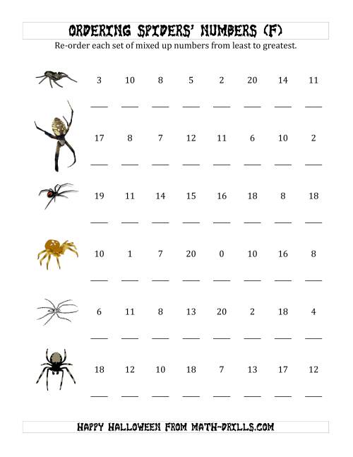 The Ordering Halloween Spiders' Number Sets to 20 (F) Math Worksheet
