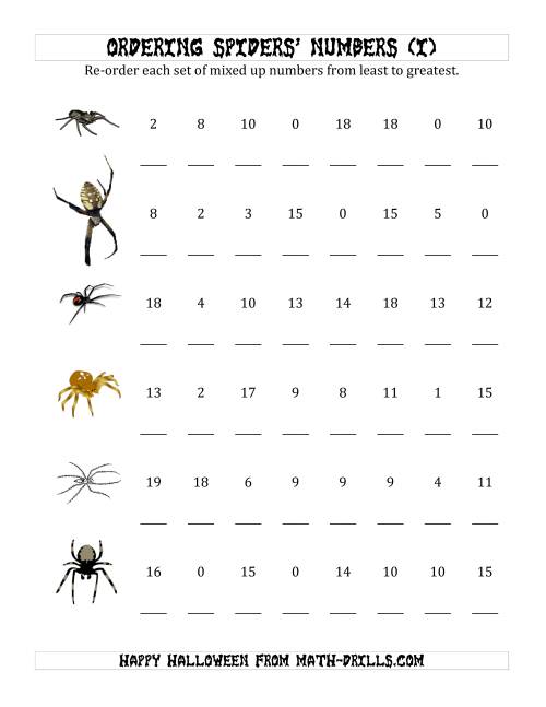 The Ordering Halloween Spiders' Number Sets to 20 (I) Math Worksheet