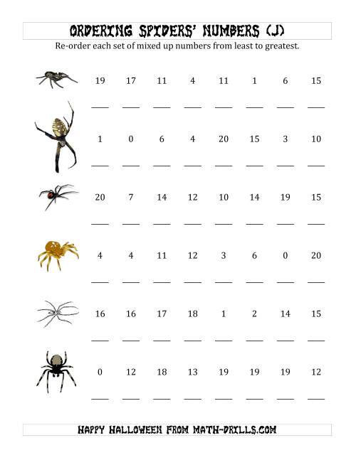 The Ordering Halloween Spiders' Number Sets to 20 (J) Math Worksheet