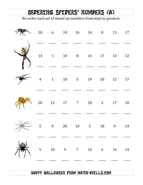 The Ordering Halloween Spiders' Number Sets to 20 (All) Math Worksheet