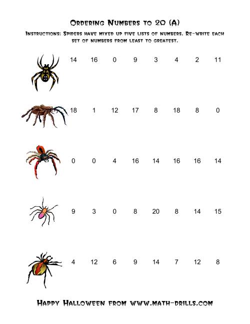 The Ordering Halloween Spiders' Number Sets to 20 (Old) Math Worksheet
