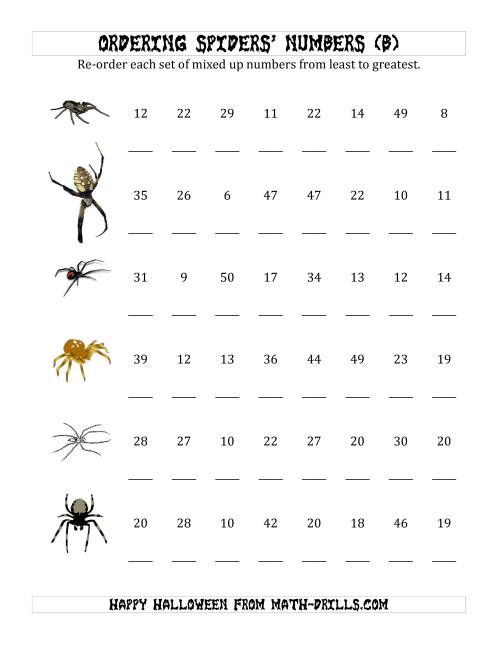 The Ordering Halloween Spiders' Number Sets to 50 (B) Math Worksheet