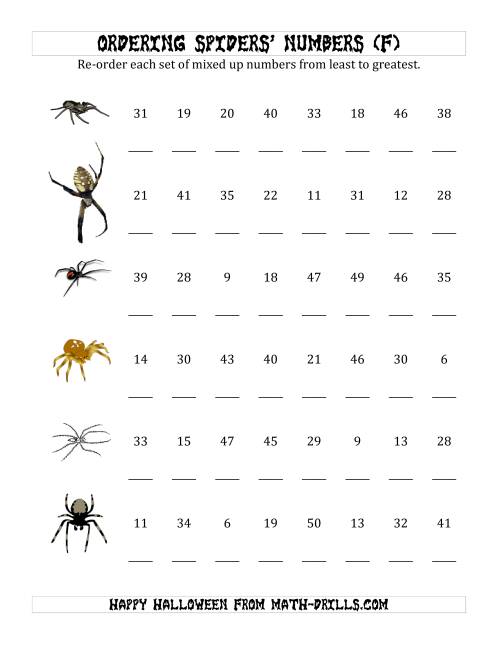 The Ordering Halloween Spiders' Number Sets to 50 (F) Math Worksheet