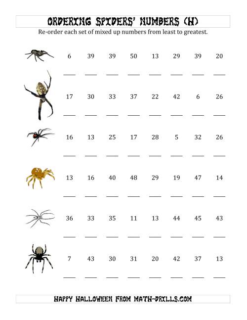 The Ordering Halloween Spiders' Number Sets to 50 (H) Math Worksheet