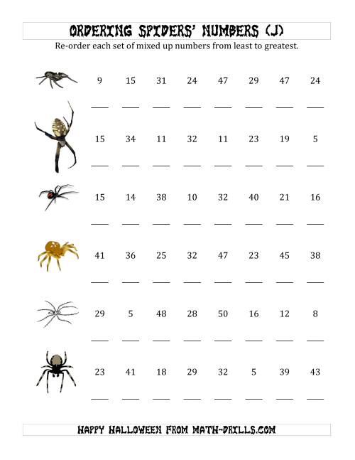 The Ordering Halloween Spiders' Number Sets to 50 (J) Math Worksheet