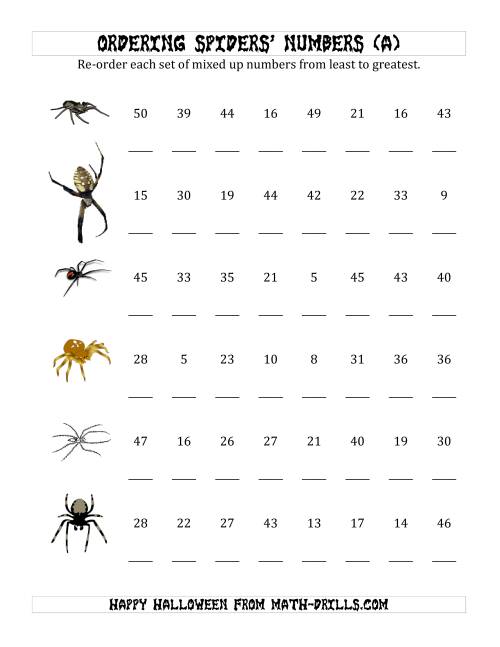 The Ordering Halloween Spiders' Number Sets to 50 (All) Math Worksheet
