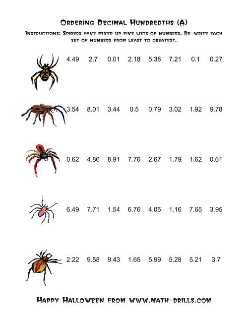 The Spiders Ordering Decimal Hundredths (A) Math Worksheet